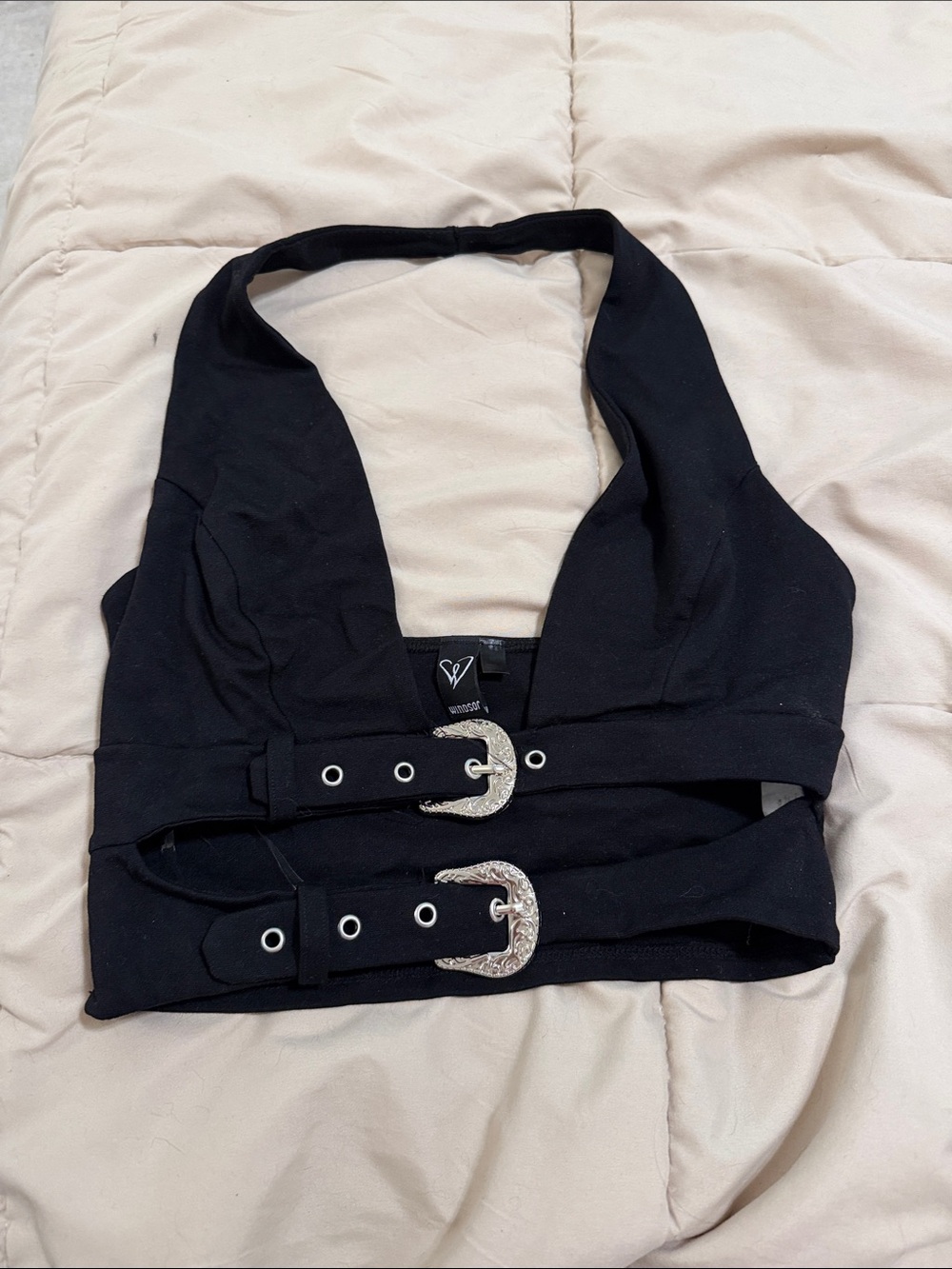 Windsor Black Halter Crop Top with Western Buckles